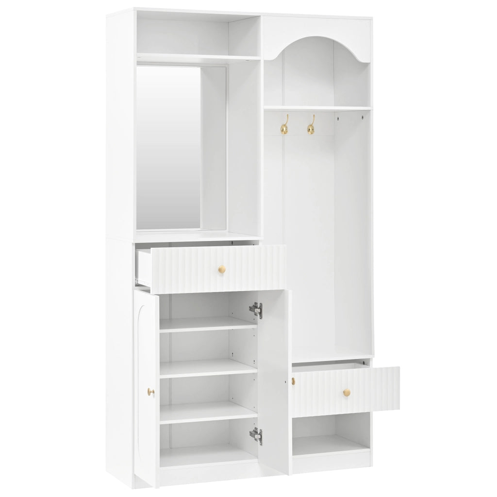 Guardaroba compatto bianco con specchio, panca e LED multicolore, con spazio per scarpe e appendiabiti 100x35x180 cm
