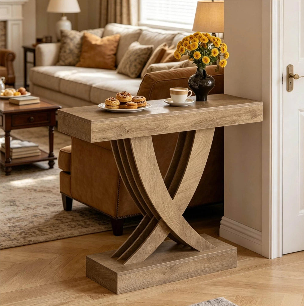 Tavolo consolle in MDF marrone con base a X; larghezza 110 cm