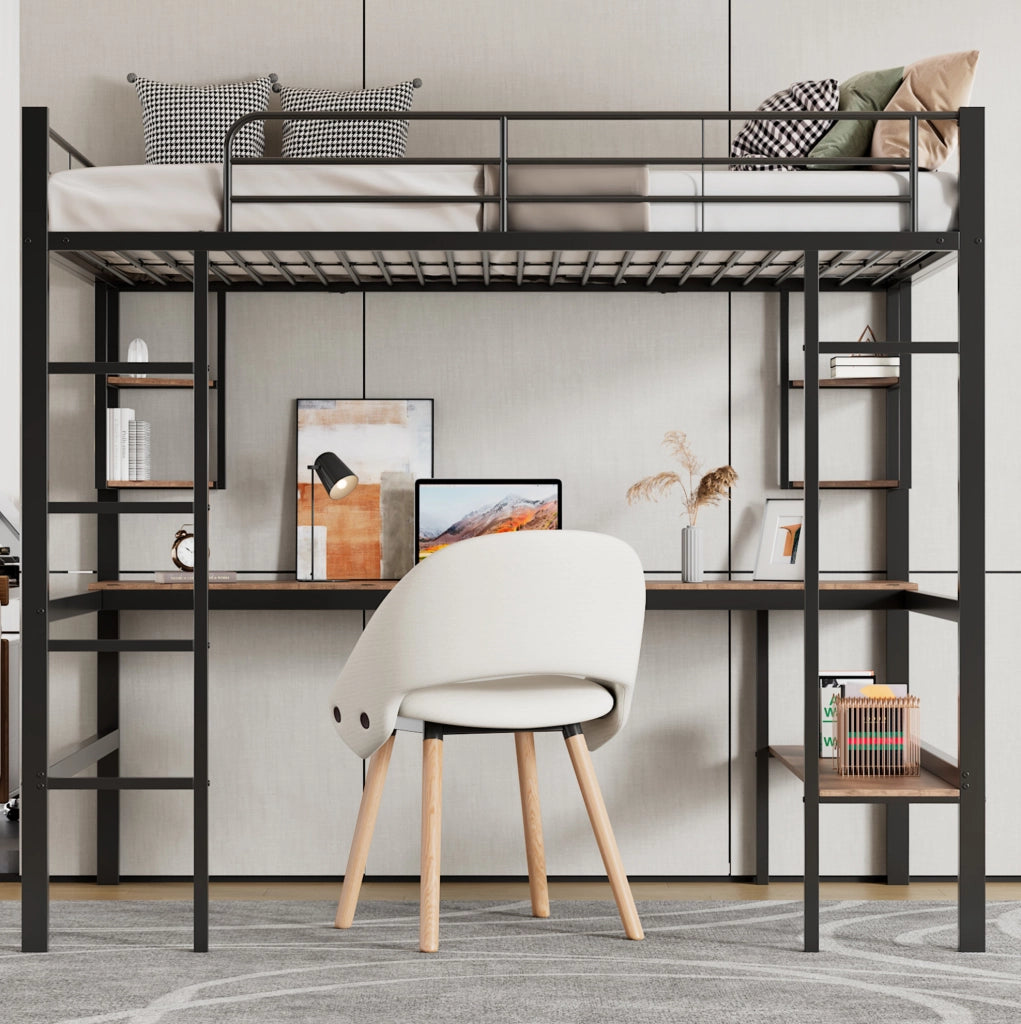 Letto a soppalco 90x200 cm in metallo con scrivania e libreria, nero