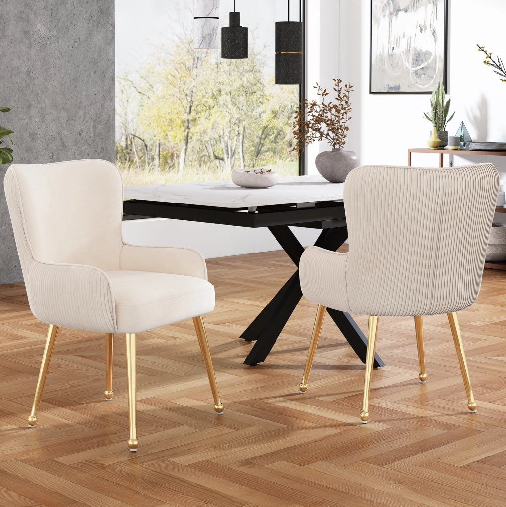 Set di 2 Sedie da Pranzo in Velluto Beige con Gambe Metalliche Dorate Regolabili e Braccioli