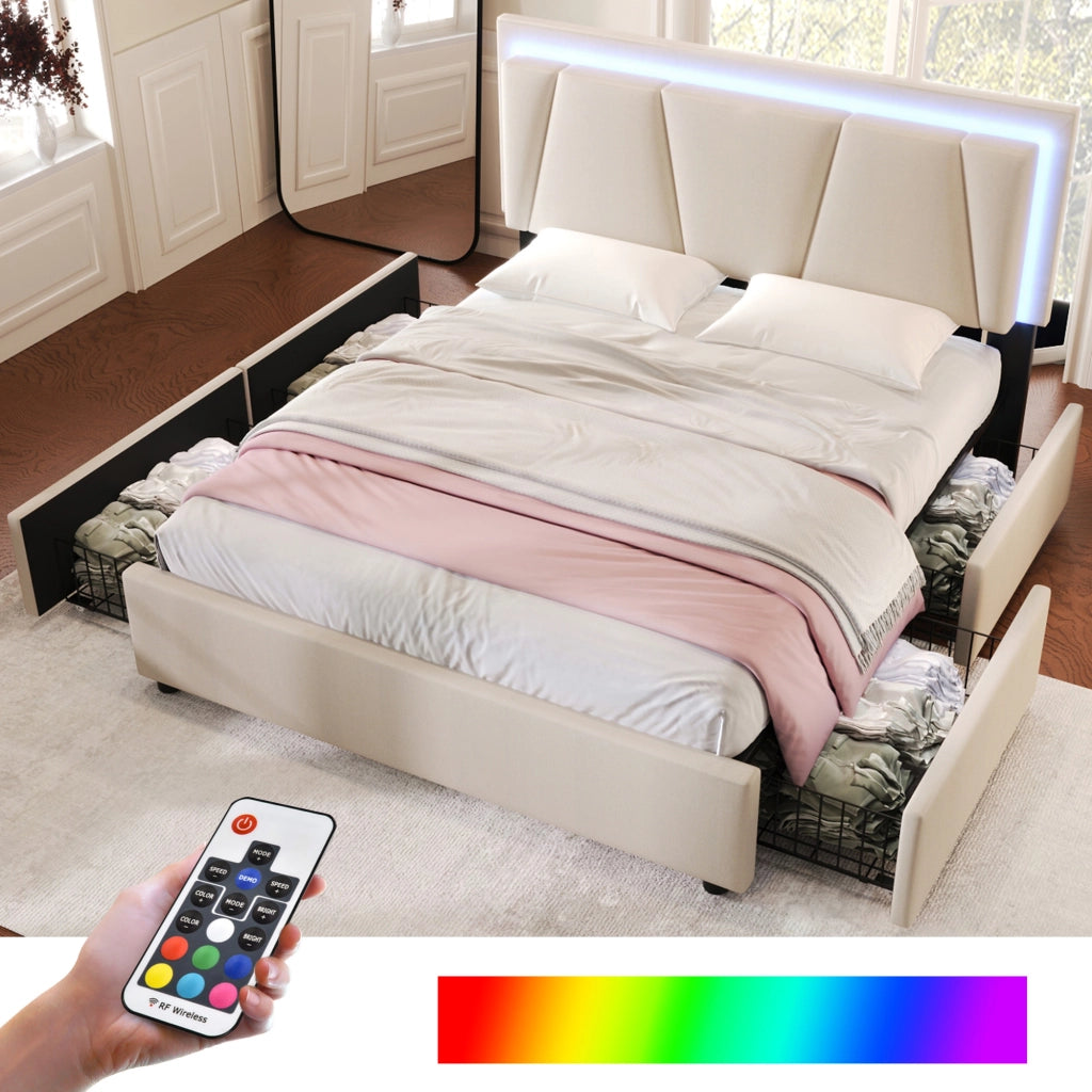 Letto matrimoniale 140 × 200 cm con 4 cassetti, LED regolabile e testiera regolabile, senza materasso, beige