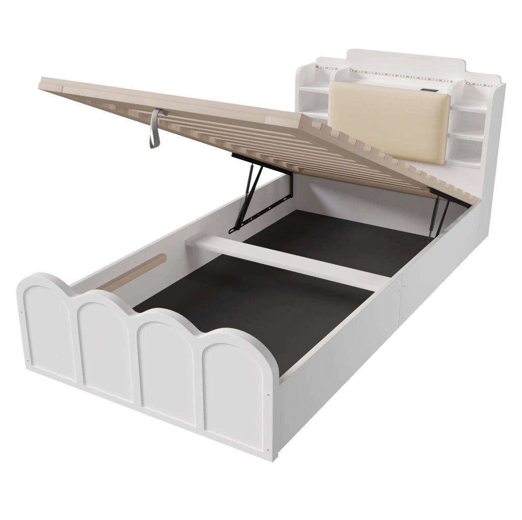 Letto 90x200 cm con contenitore idraulico, LED, USB e USB-C integrati bianco