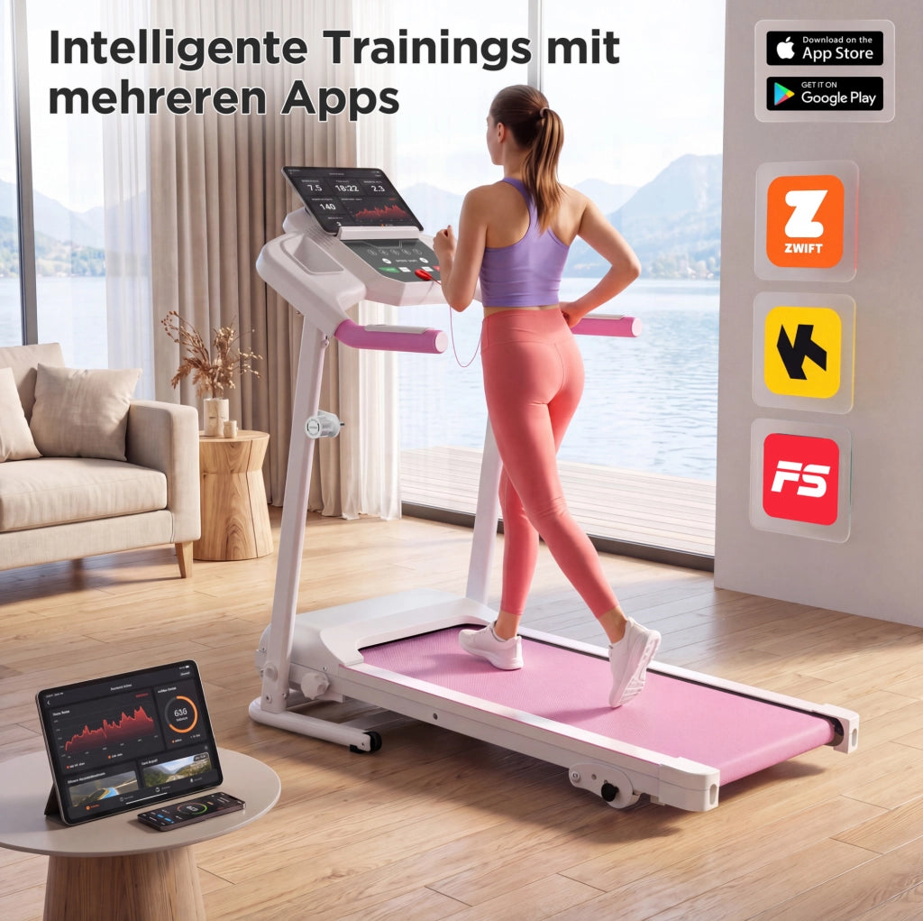Tapis roulant pieghevole ULEVR con 3 programmi, display LED e ruote di trasporto, bianco e rosa