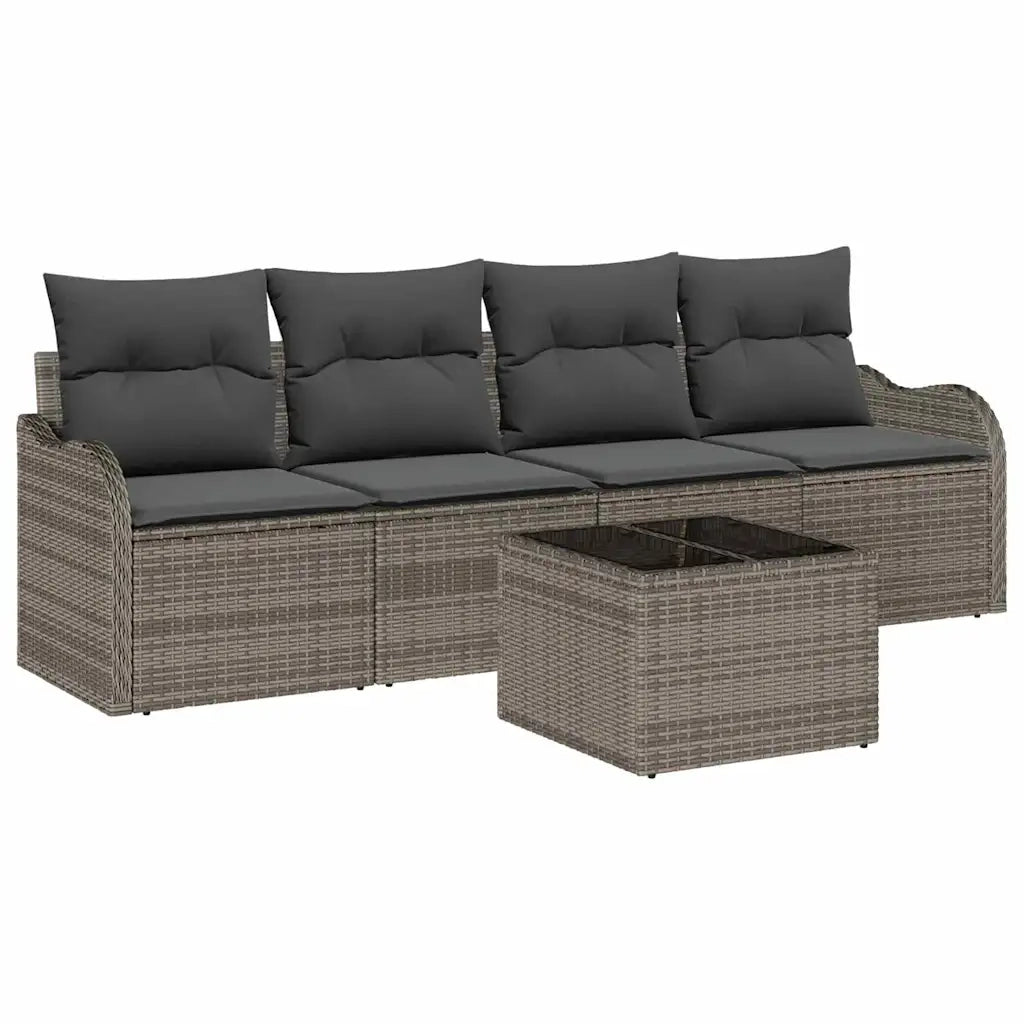 Set Divano da Giardino 5 pcs Grigio Polyrattan, Acciaio e Vetro