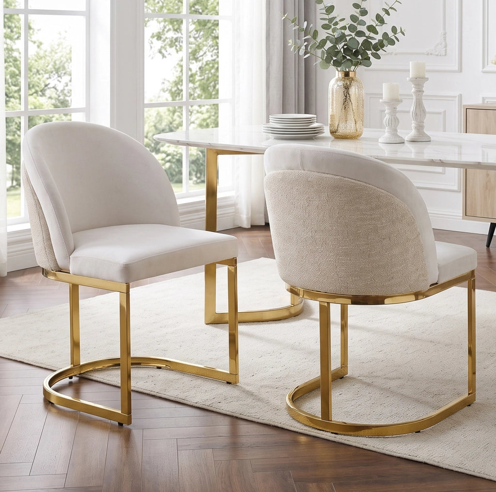 Set di 6 sedie da pranzo in chenille beige e oro