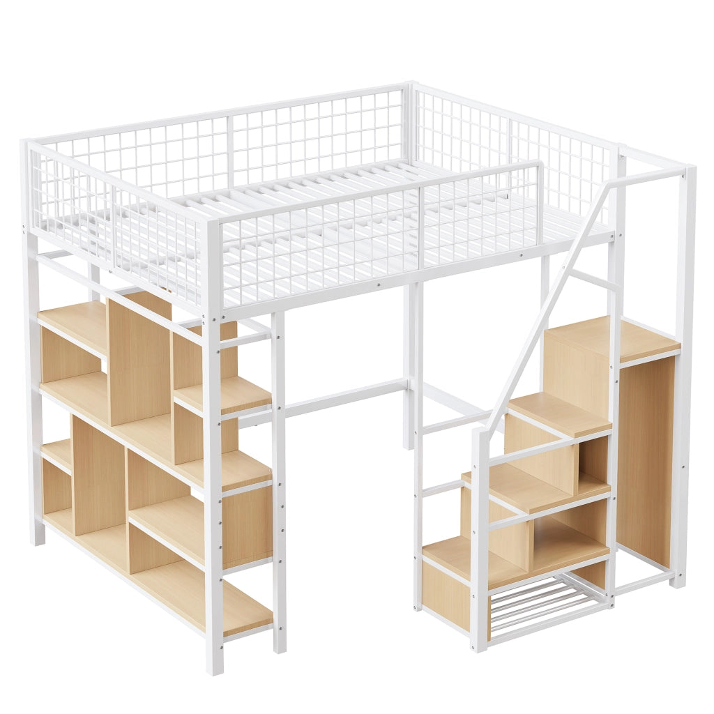 Letto a soppalco 140 × 200 cm con scala contenitore e vano aperto in metallo e legno bianco