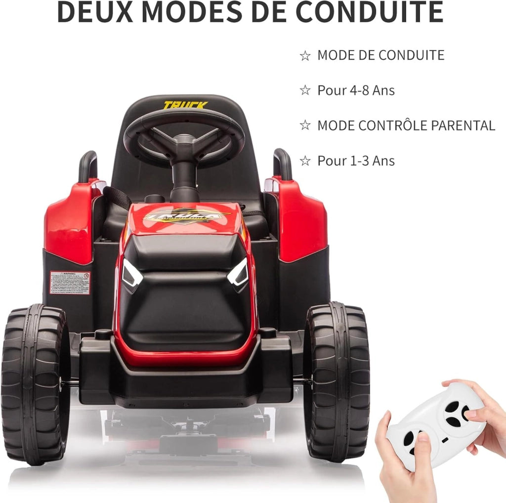 Trattore Elettrico per Bambini 12V con Ruspa e Rimorchio Rimovibile; 6 Ruote; Luci e Telecomando - Rosso