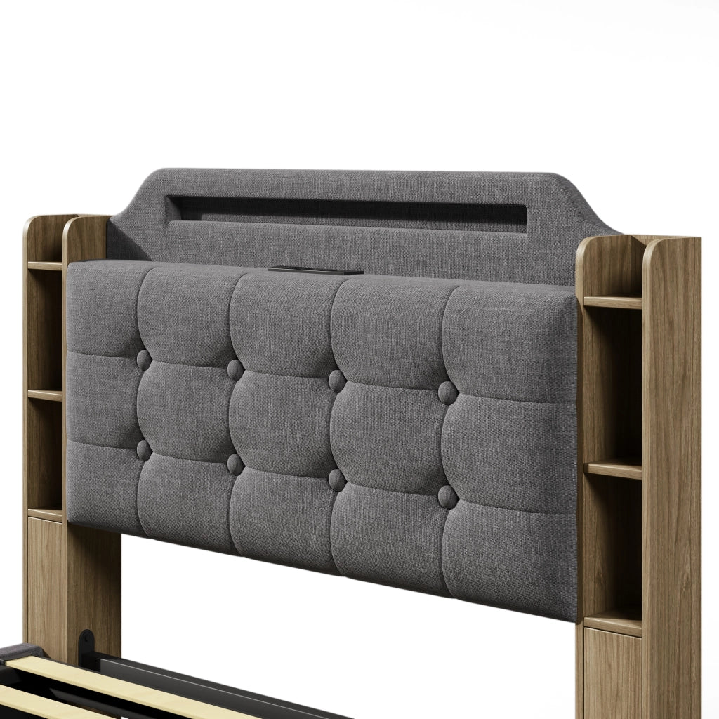 Letto contenitore 140 × 200 cm con LED USB e Type-C rivestito in lino grigio con vani laterali
