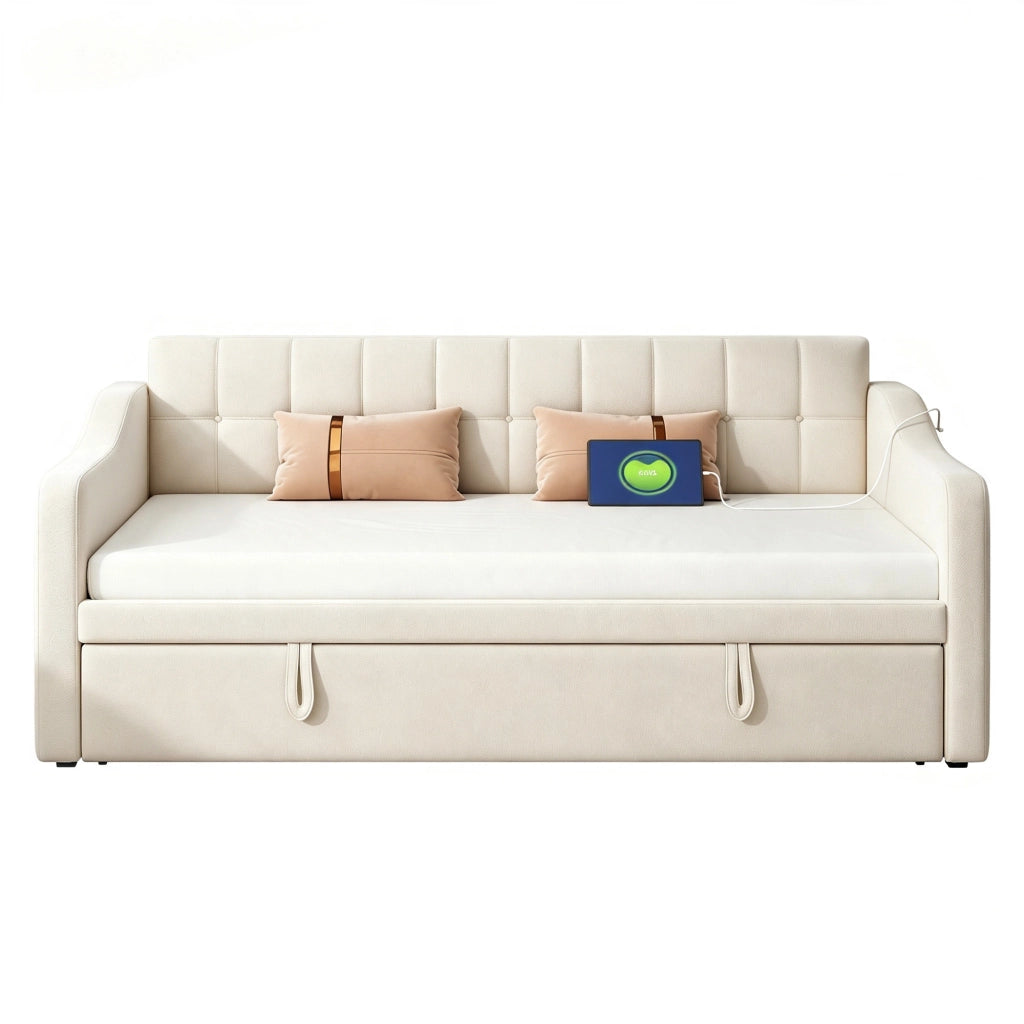 Divano letto singolo 90x190 cm beige in velluto con letto estraibile da 90 a 180 cm