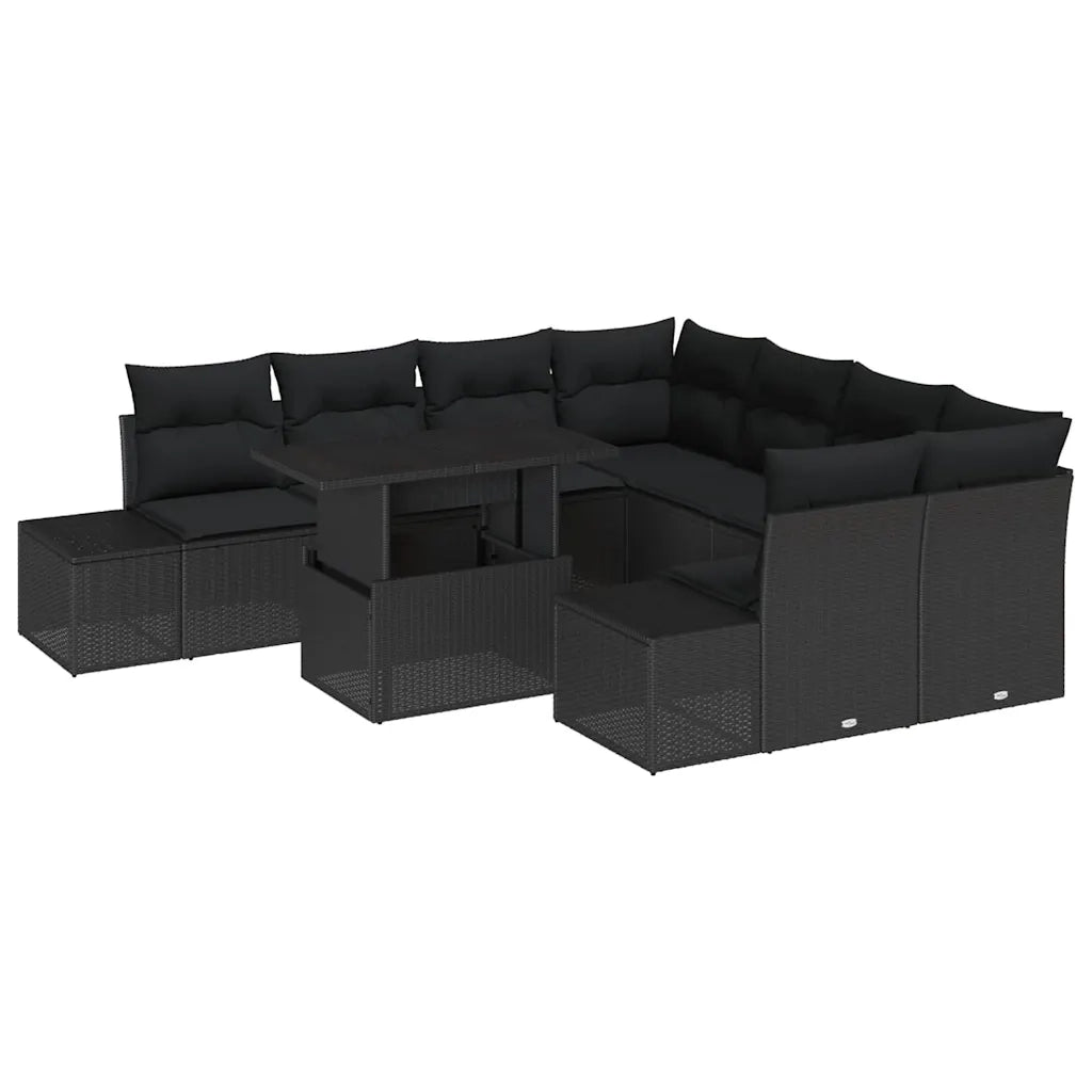 Set Divano da Giardino con cuscino 9 pcs Nero polyrattan