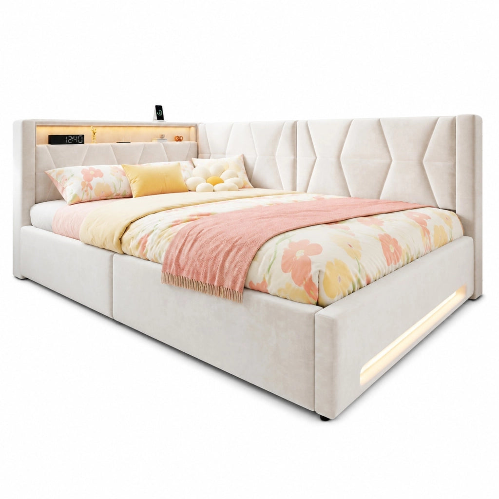 Letto imbottito 140x200 cm con vano contenitore idraulico; LED; USB e Type-C; metallo e velluto beige