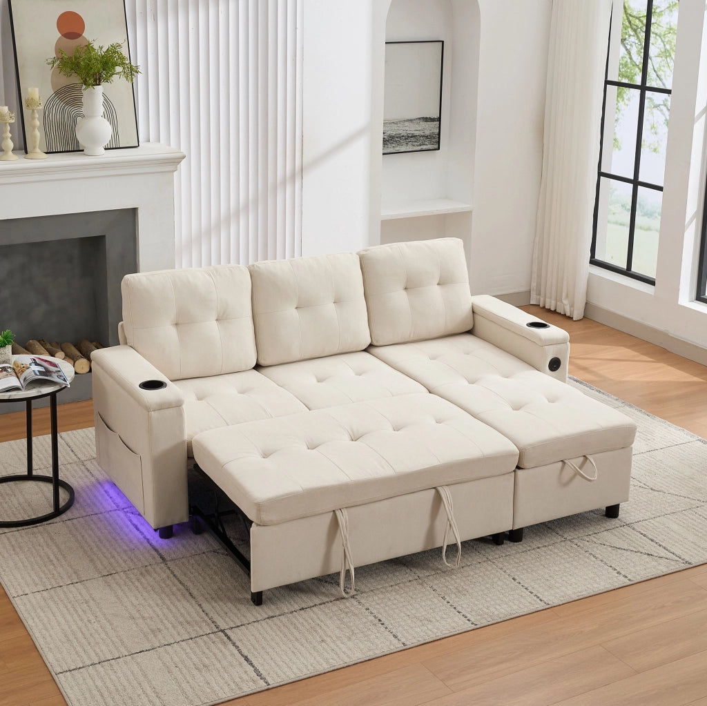 Divano letto pieghevole beige con contenitore e luci LED