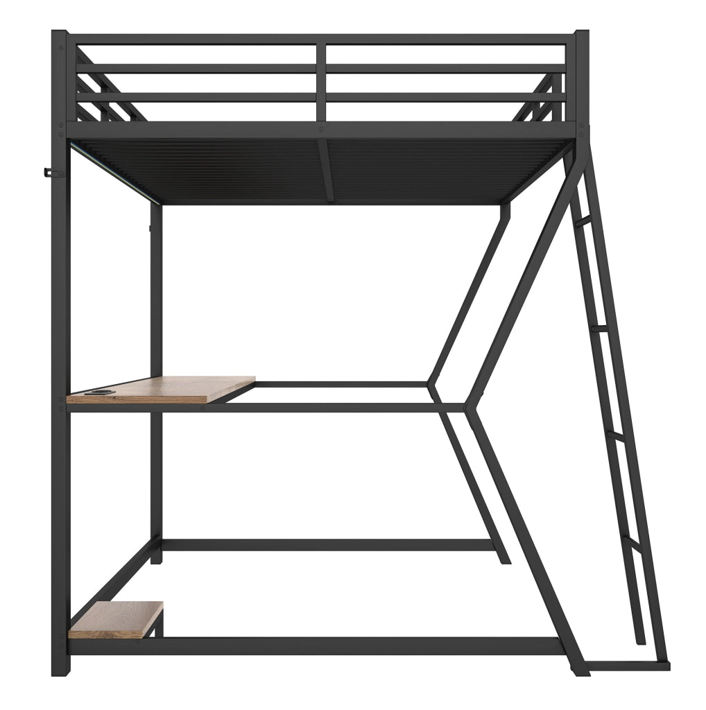 Letto a soppalco 140x200 cm con struttura in ferro, mensola computer, scrivania, LED, prese e USB, scala e ringhiera, nero, senza materasso