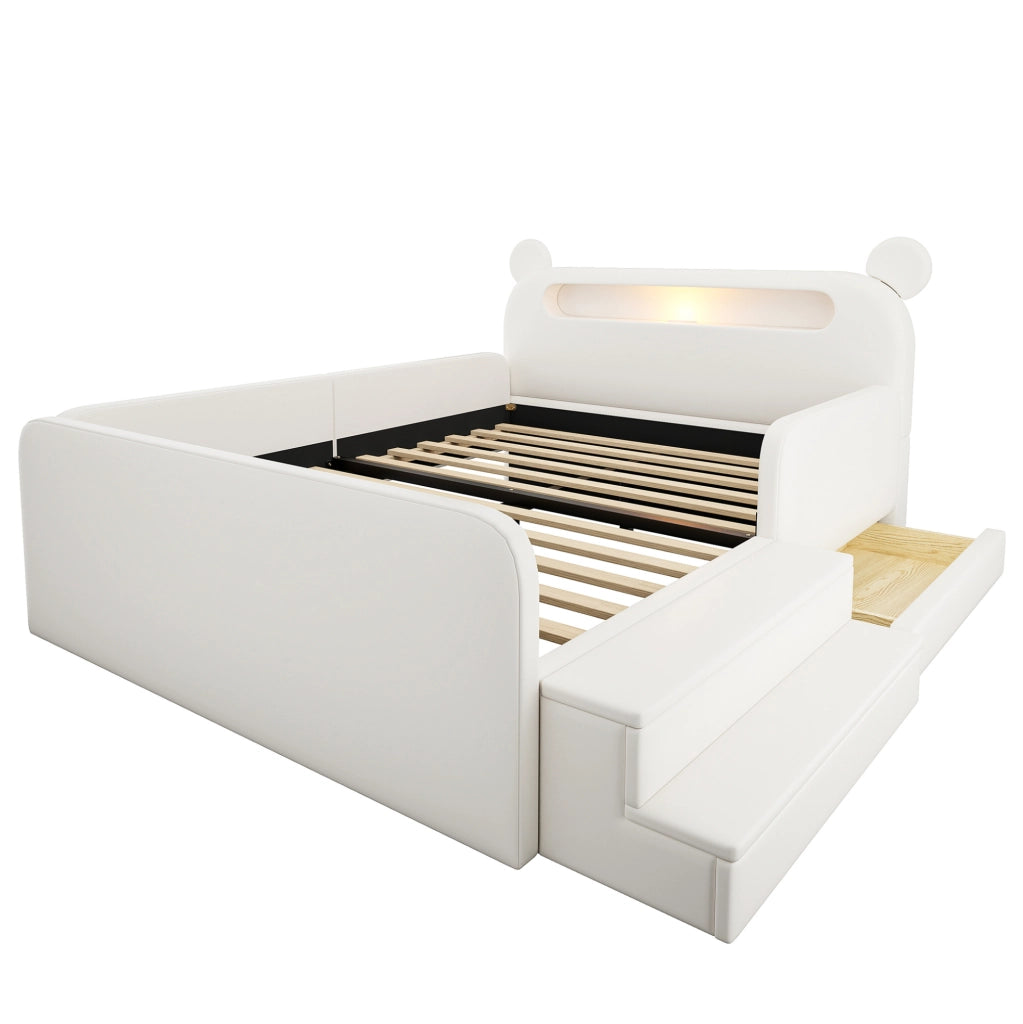 Letto imbottito per bambini 140x200 cm con testiera a orso; luce notturna; USB; contenitore; bianco