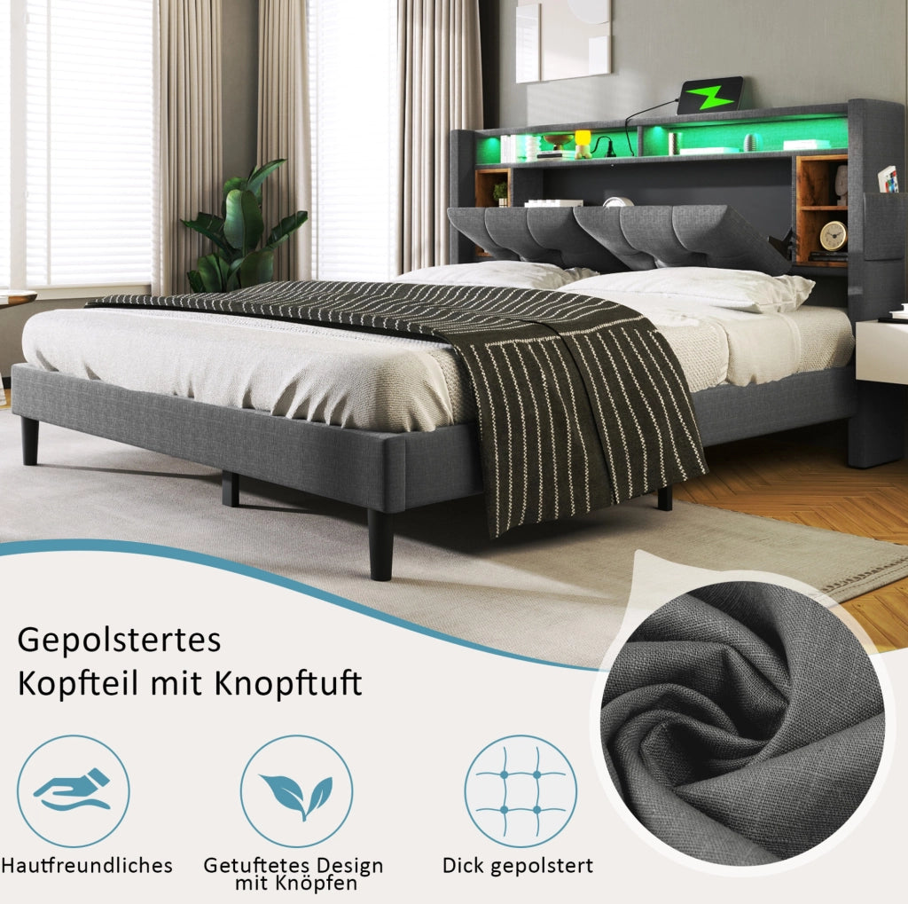 Letto matrimoniale imbottito ULEVR 160x200 cm con testiera contenitore, LED, 2 USB e 2 prese, grigio