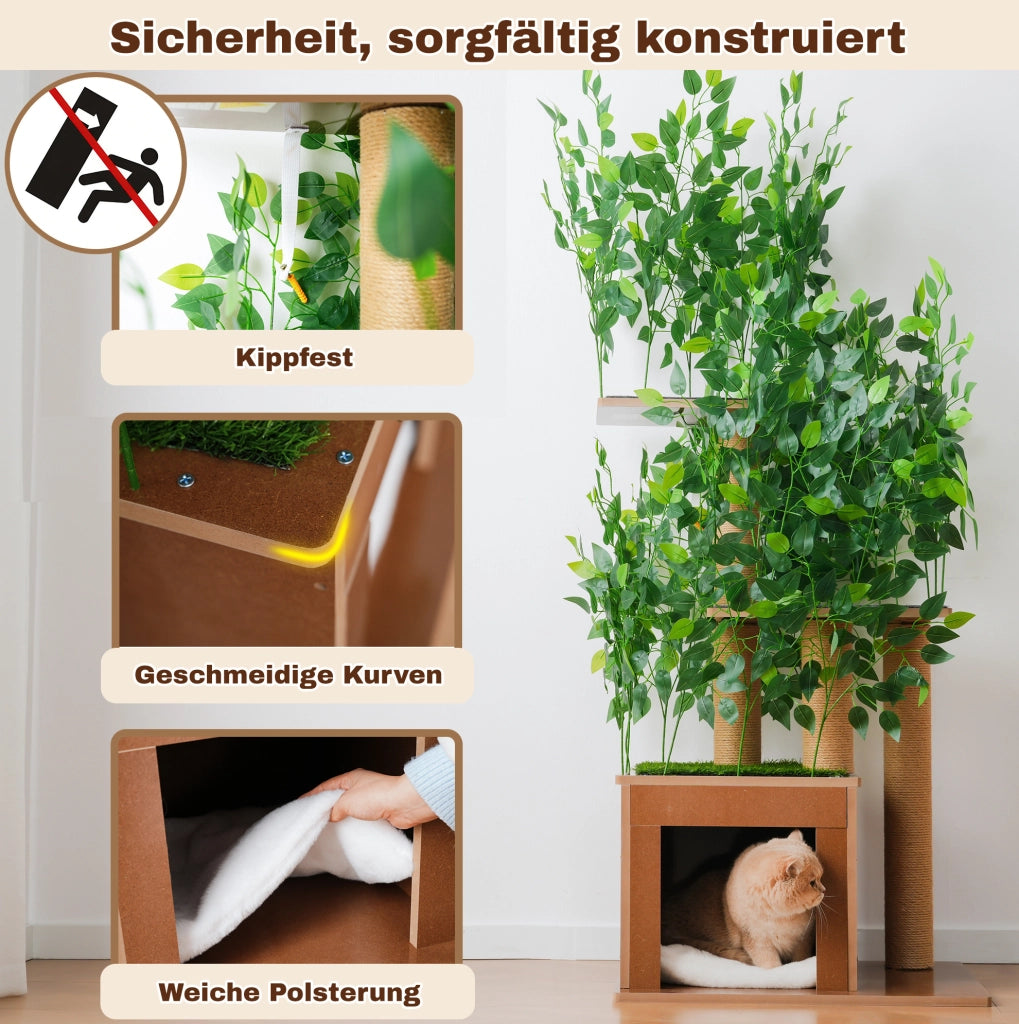 Tiragraffi per gatti ad albero con 3 piattaforme; cuccia e foglie rimovibili; 60×45×158 cm; MDF verde
