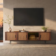 Mobile TV con striscia LED Bluetooth e app porte in vetro temperato nero e marrone noce 200 × 35 × 53 cm