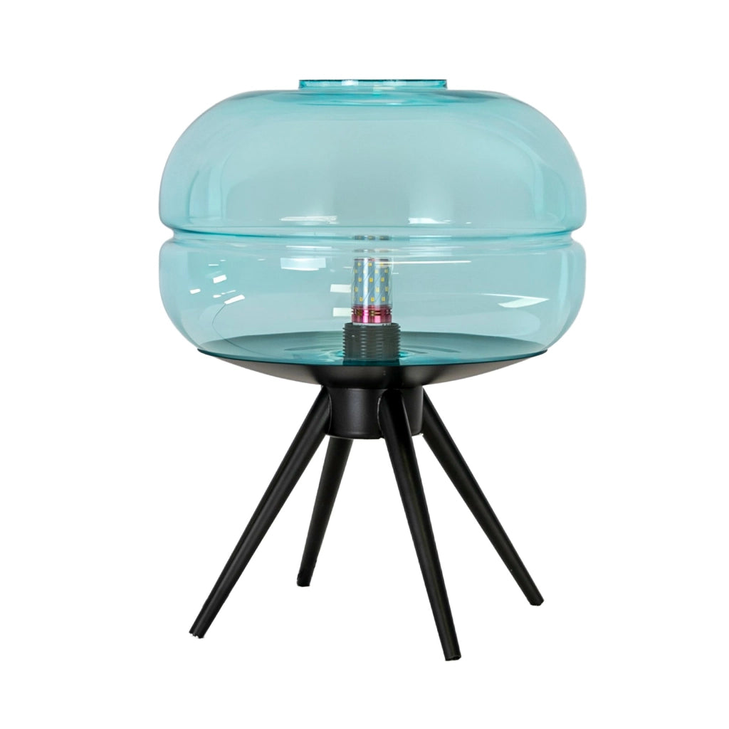 Lampada da tavolo in vetro blu e acciaio nero