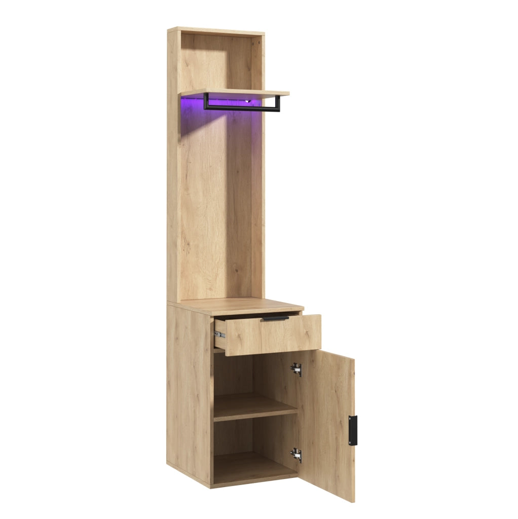 Set guardaroba con LED, appenderia, cassetto porta gioielli e 2 ripiani in MDF effetto quercia 45x47x200 cm per ingresso e soggiorno