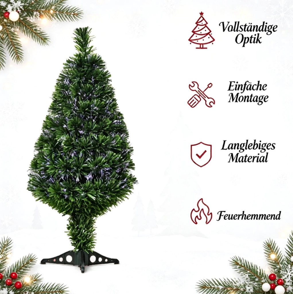 Albero di Natale artificiale illuminato con fibra ottica multicolore, 90 rami, altezza 90 cm, base stabile in plastica