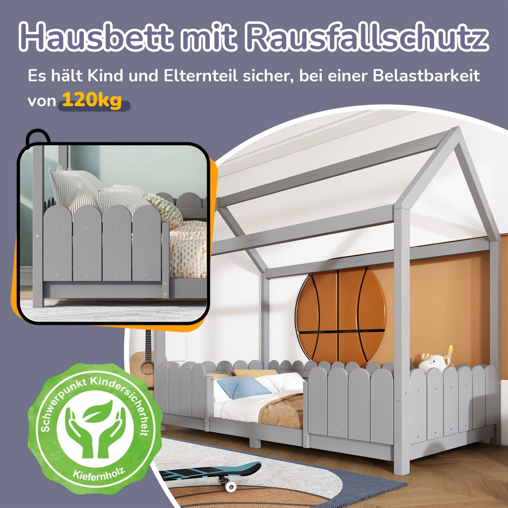 Letto a casetta 90 × 200 cm con tetto; barriera di protezione e rete a doghe in legno grigio