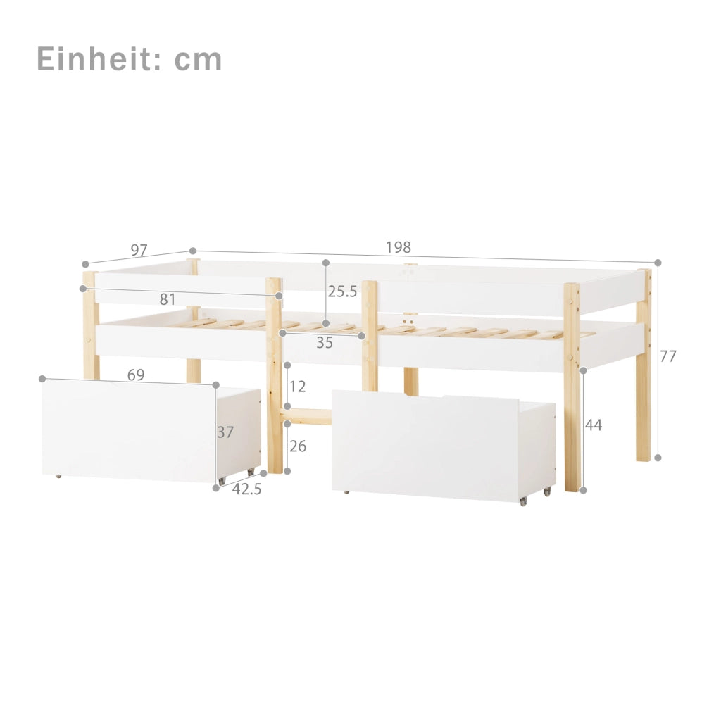 Letto con cassetti 90 × 190 cm semialto con scala e barriera anticaduta in legno bianco con rete a doghe