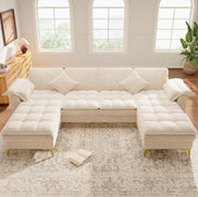 Divano angolare a U ULEVR 262x134x86 cm, 4-5 posti con 2 chaise longue e cuscini, rivestimento in ciniglia beige