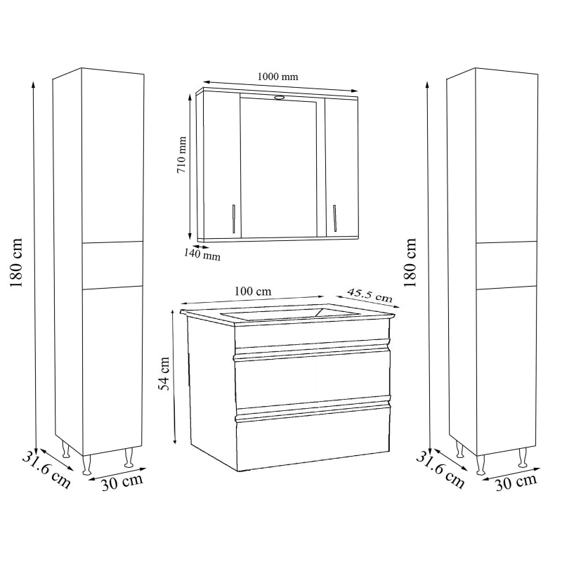 Sistema di Ezooza Set Bagno Completo 5 Pezzi Mobile con Lavabo Extra Large + 2 Colonne + Pensile a specchio, Antracite ,