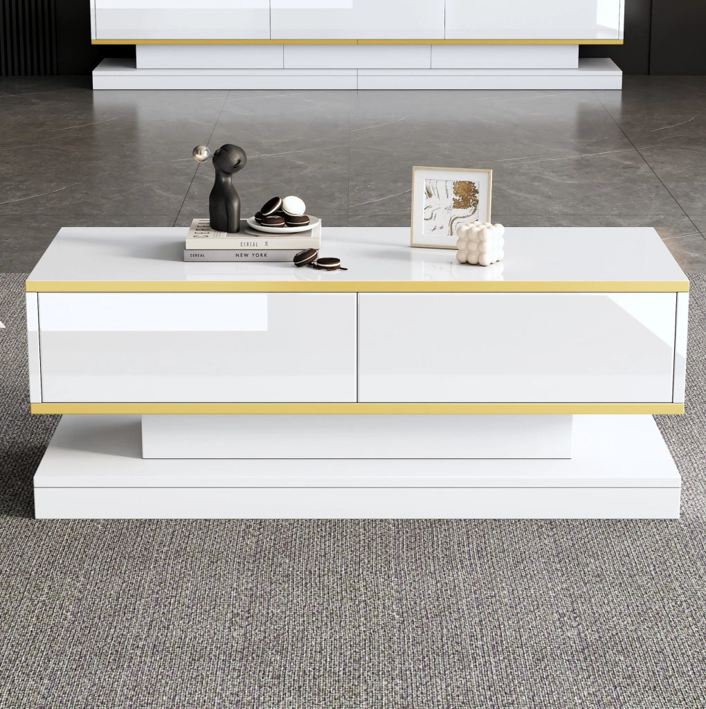 Set mobile TV 200 cm e tavolino 100 cm con 5 cassetti in truciolare bianco e oro