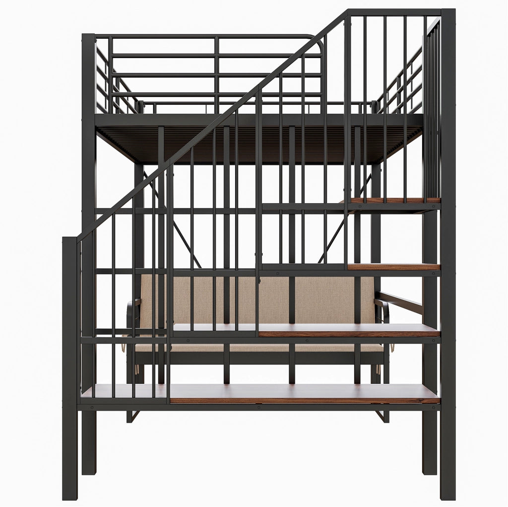 Letto a castello 140x200 cm nero con divano removibile, scala contenitore e struttura in metallo