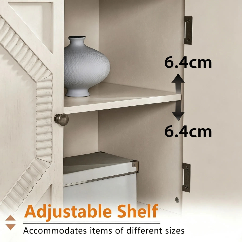 Mobiletto Retro in Legno 85,4 cm con Vetrine Simmetriche e Accenti Geometrici, Consolle Media per Soggiorno/Ingresso/Cucina, Bianco Antico