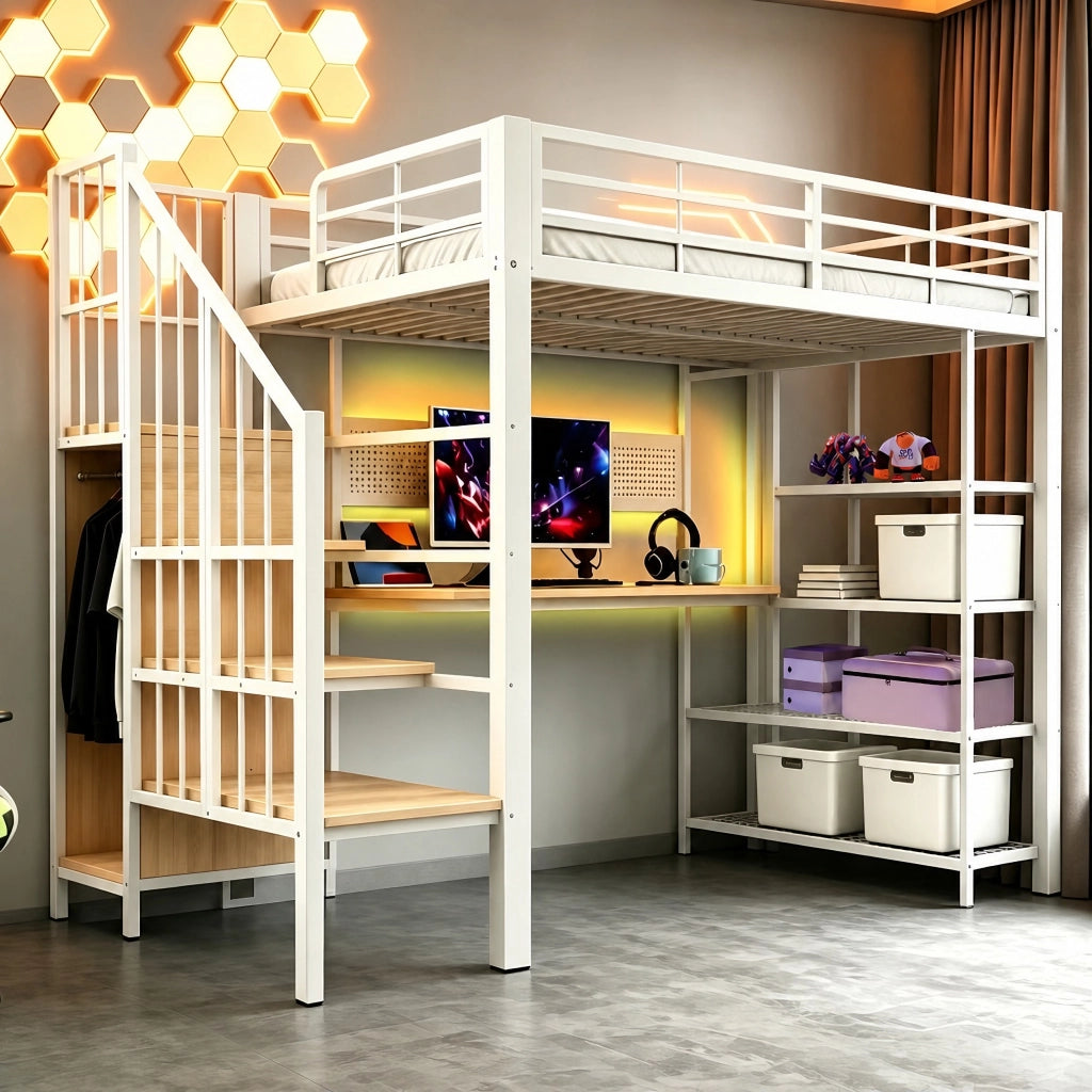 Letto a soppalco 90 x 200 cm con scrivania lunga e LED, metallo e legno, bianco