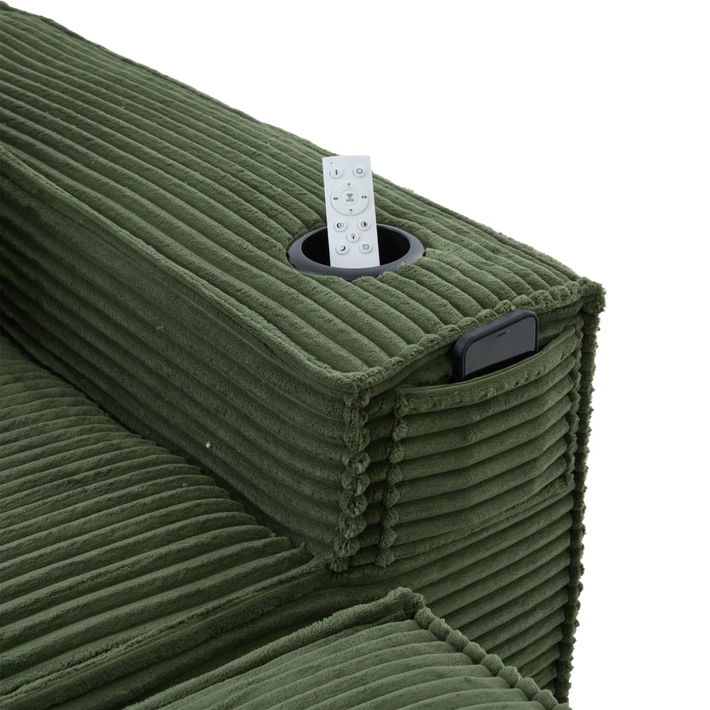 Divano modulare 2 posti con pouf, porta bicchieri e tasche laterali, verde