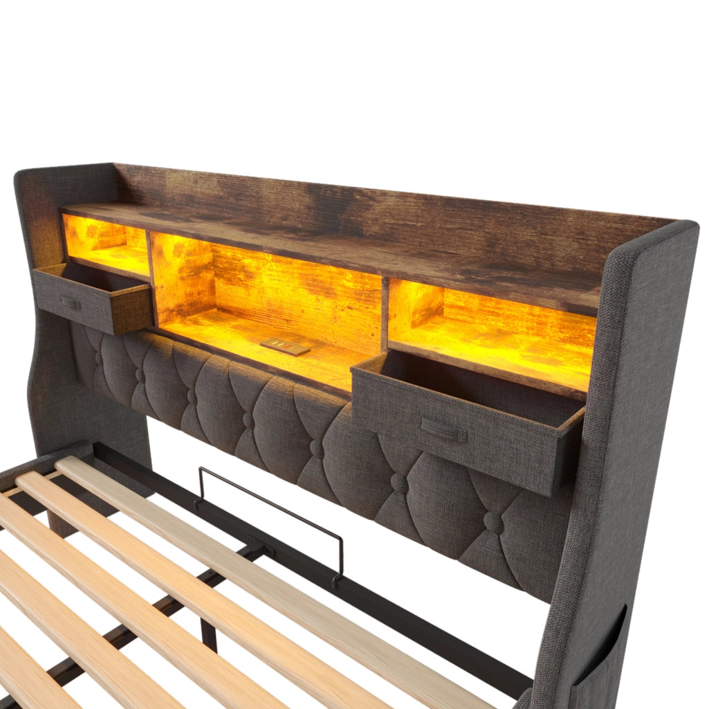 Letto imbottito 160x200 cm con illuminazione LED, testiera con stazione di ricarica USB e Type-C, struttura in lino grigio, senza materasso