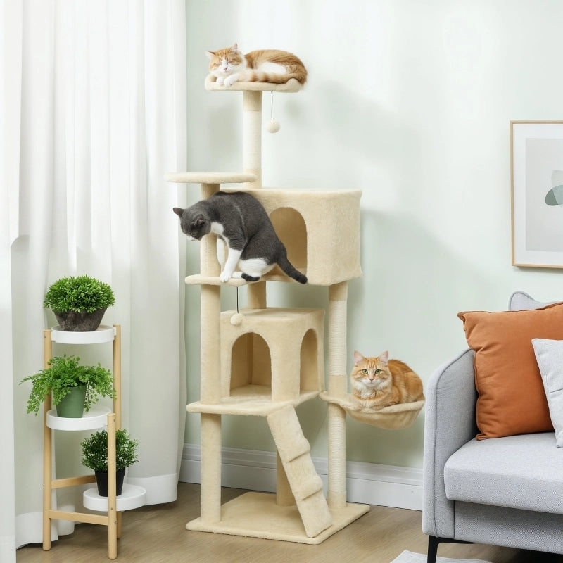 Tiragraffi per gatti con cuccia; amaca; scala; piattaforme e pali rivestiti in sisal beige