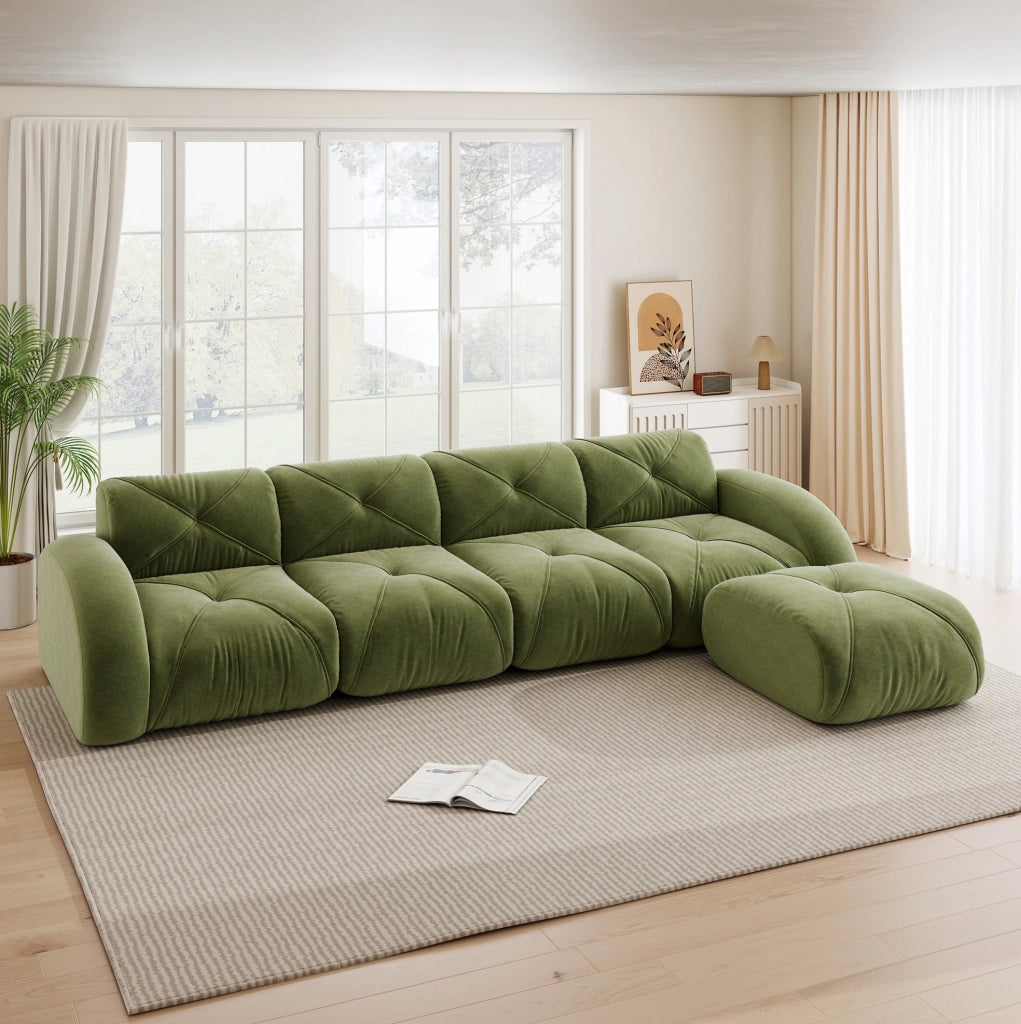 Divano modulare in ciniglia verde con schiuma 32D