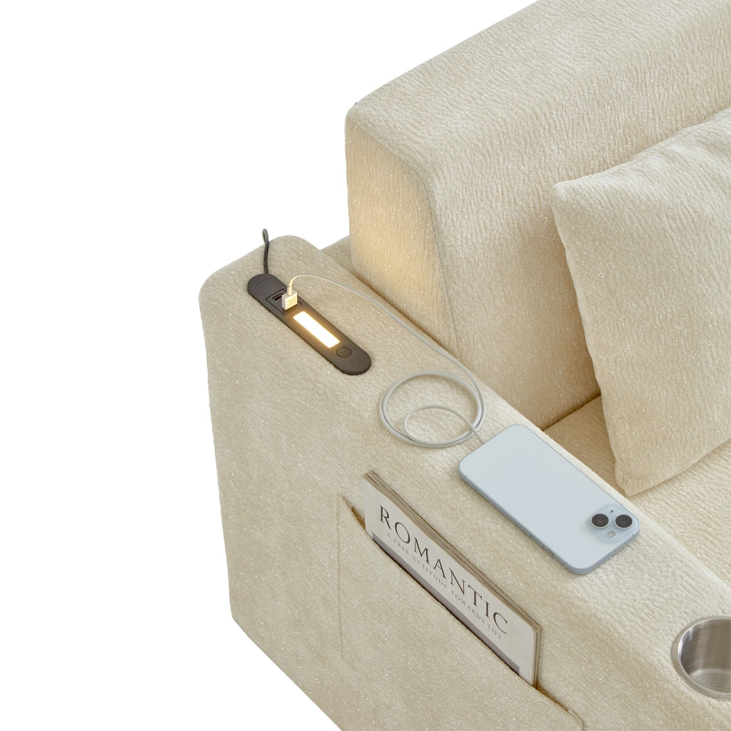 Divano letto 2 posti pieghevole con USB e portabevande in ciniglia beige