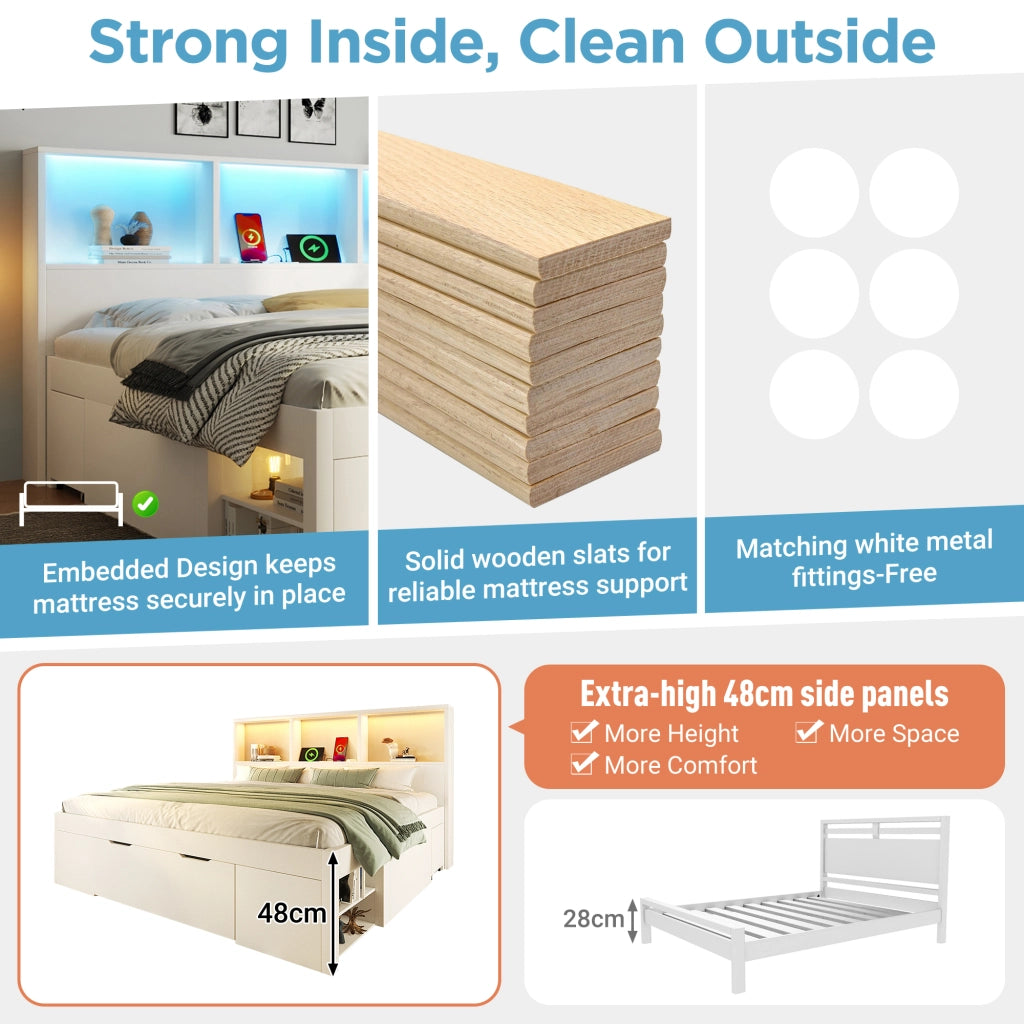 Letto con cassetti 140 × 190 cm con due comodini mobili; LED e porte USB Type-C in legno bianco