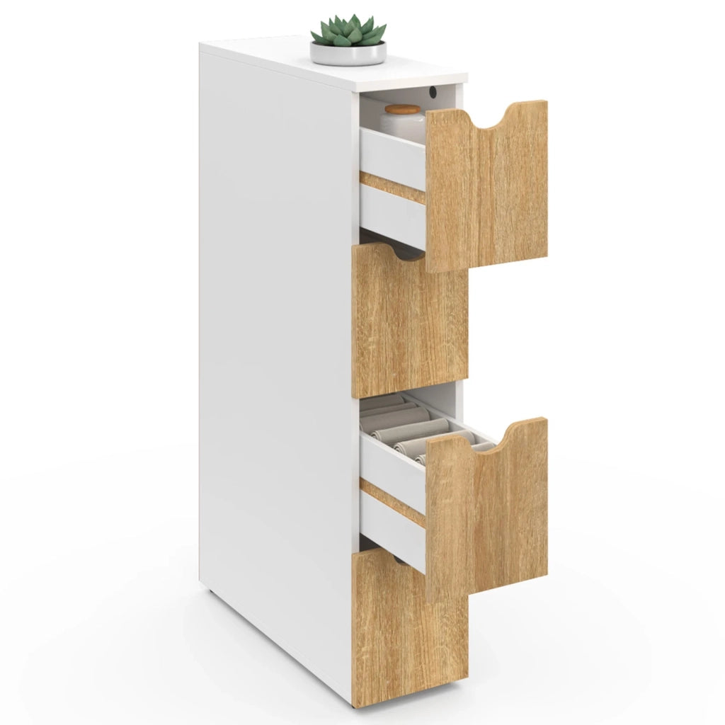 IDMarket - Colonna salvaspazio WILO a 4 cassetti su rotelle in look bianco e faggio