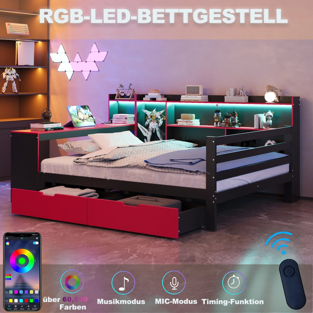 Letto divano matrimoniale 140 × 200 cm con scrivania, LED, prese e USB, senza materasso, nero e rosso