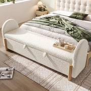 Panca contenitore con chiusura soft, 166x47x61 cm, rivestimento in tessuto bouclé bianco, gambe a U in legno massello di gomma, carico max 150 kg