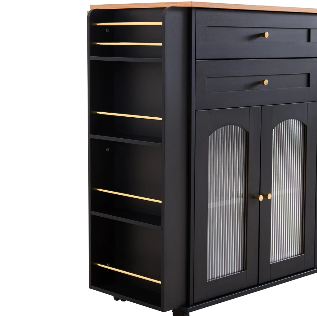 Isola cucina mobile 110 cm con piano richiudibile; 2 cassetti e ante in vetro; nera