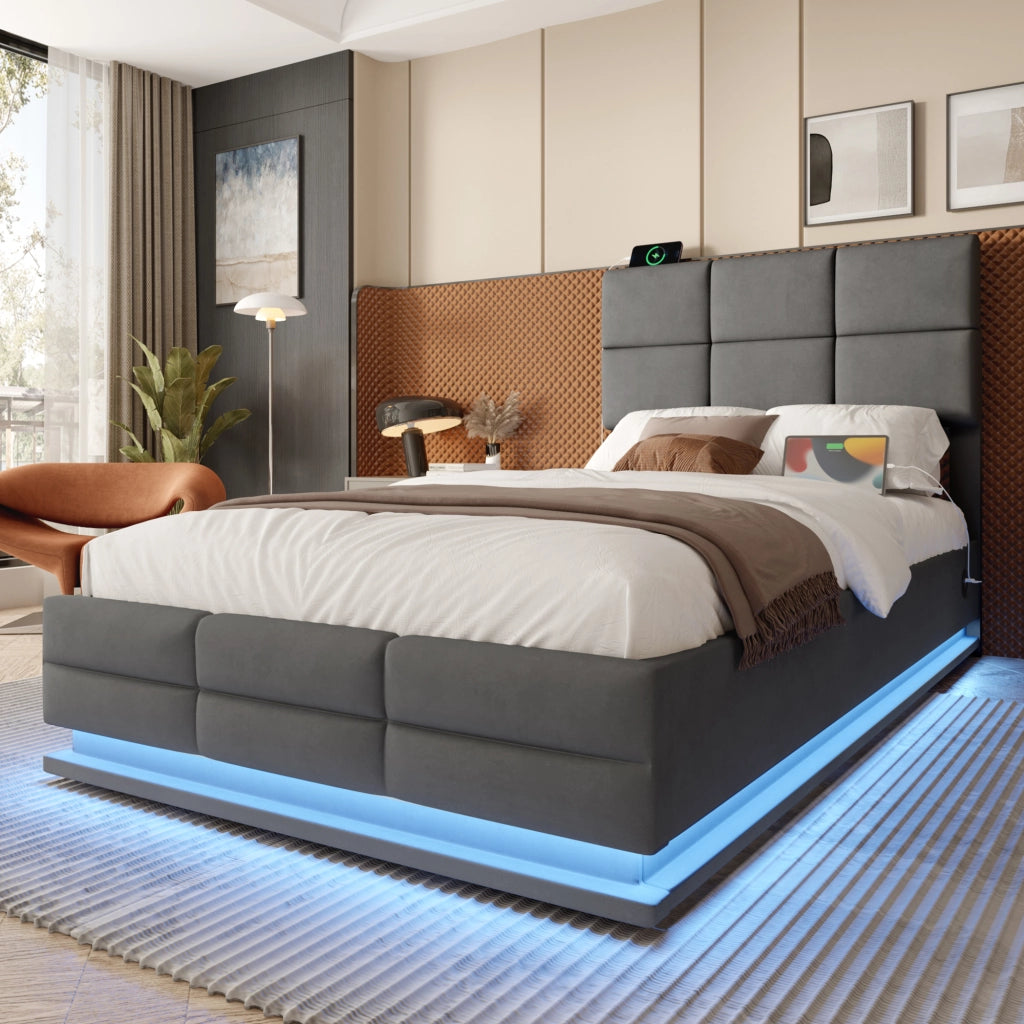 Letto contenitore singolo 90x200 cm in velluto grigio scuro con testiera regolabile; LED; USB e USB-C