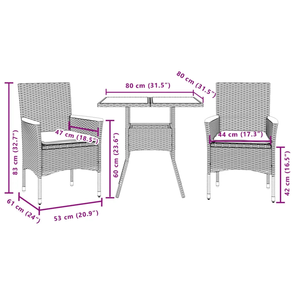 Set Pranzo da Giardino 3pz | Set Salotto da Giardino con Cuscini Polyrattan Acacia Grigio