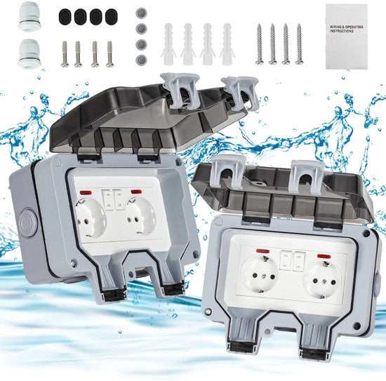 Doppio Interruttore Esterno IP66 - Interruttore Esterno Resistenente all'Acqua - Interruttore Esterno per Giardino - Scatola di Interruttore da Parete - Inclusi Placchette di Cavo - e Resistente alla Polvere