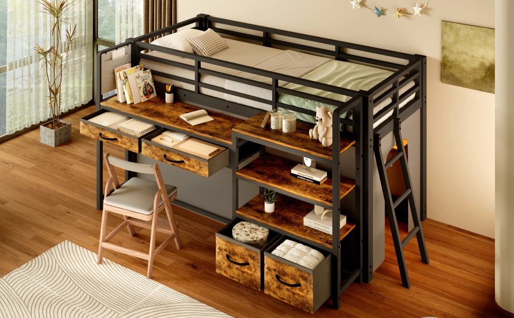 Letto a soppalco 90x200 cm con scrivania; scaffali e cassetti; in metallo nero