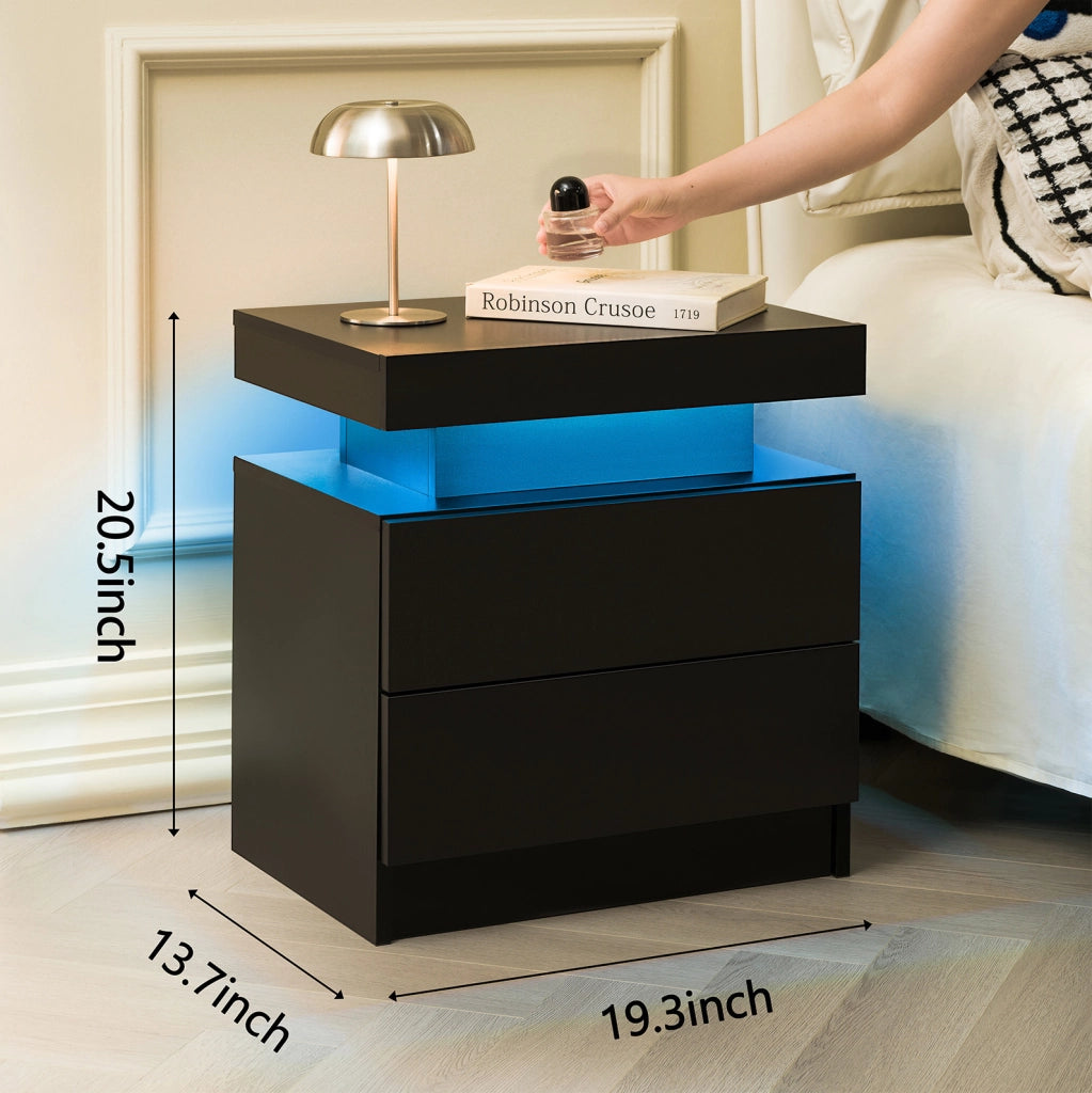 Comodino Moderno con Luci LED Regolabili e 2 Cassetti, Nero