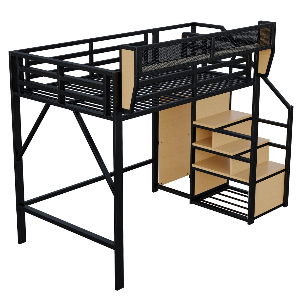 Letto a soppalco 140x200 cm in metallo e MDF con scala di sicurezza; nero