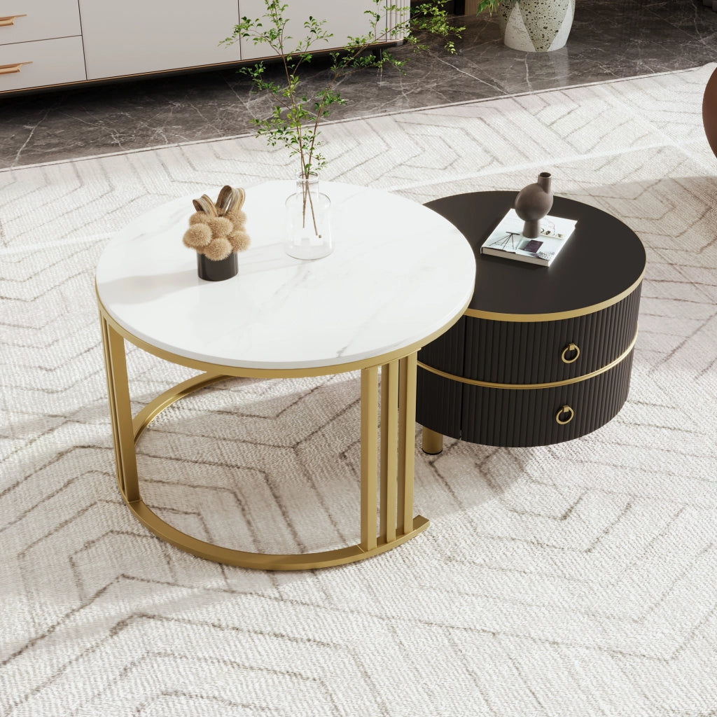 Tavolini da salotto impilabili rotondi con 2 cassetti e piano effetto marmo lucido, in MDF e metallo, nero e oro