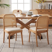 Set 4 sedie da pranzo in legno massello con schienale in rattan e seduta in lino; color legno HOMVRA